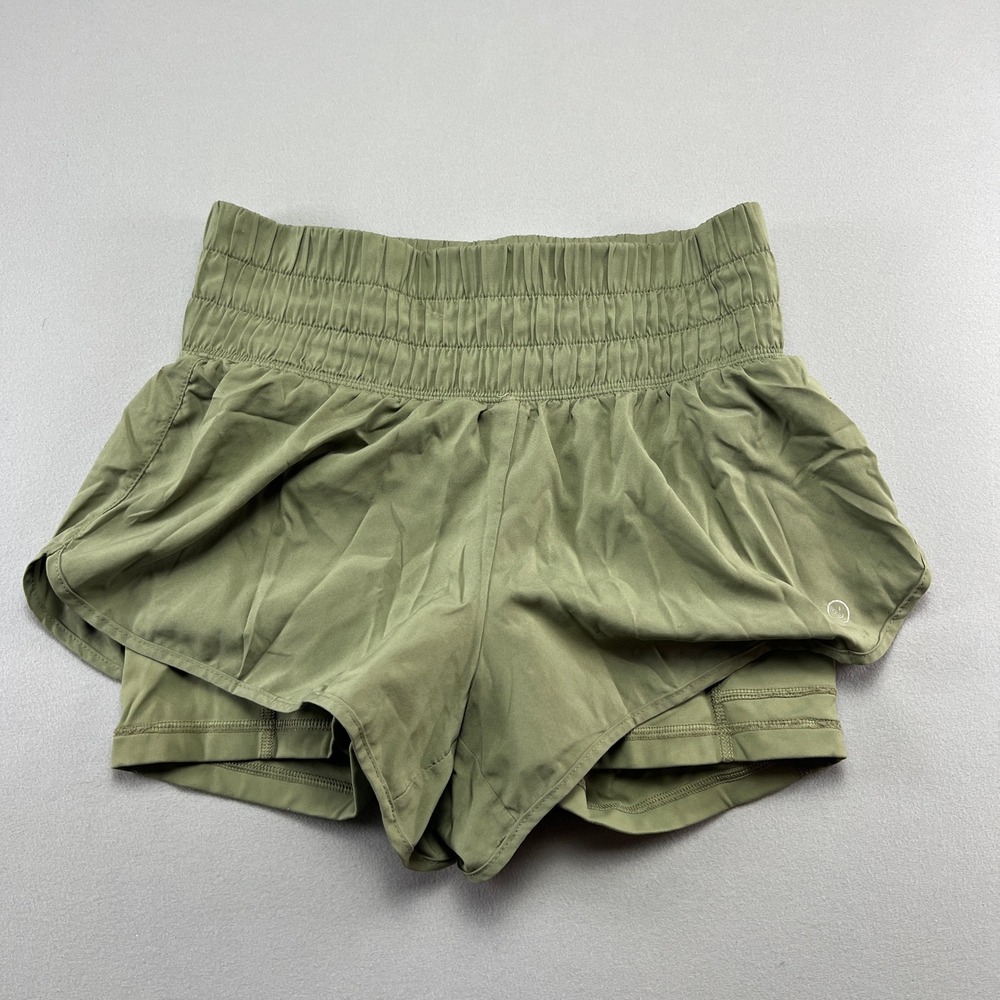 Gilly Hicks 2 in 1 Running Shorts Women XS Olive Green Smocked Waist Athleisure
